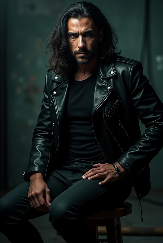 a man in a black leather jacket sitting on a stool with his hands on his hips, extremely detailed, highly realistic, hyper-realistic, intricate, photorealistic, 8k, high resolution, detailed facial features, beautiful detailed eyes, beautiful detailed lips, extremely detailed eyes and face, long eyelashes, chiaroscuro lighting, dramatic lighting, dark moody background, moody lighting, cinematic, dark and gritty, cyberpunk, leather clothing, leather jacket, leather boots, full leather outfit, black leather robes