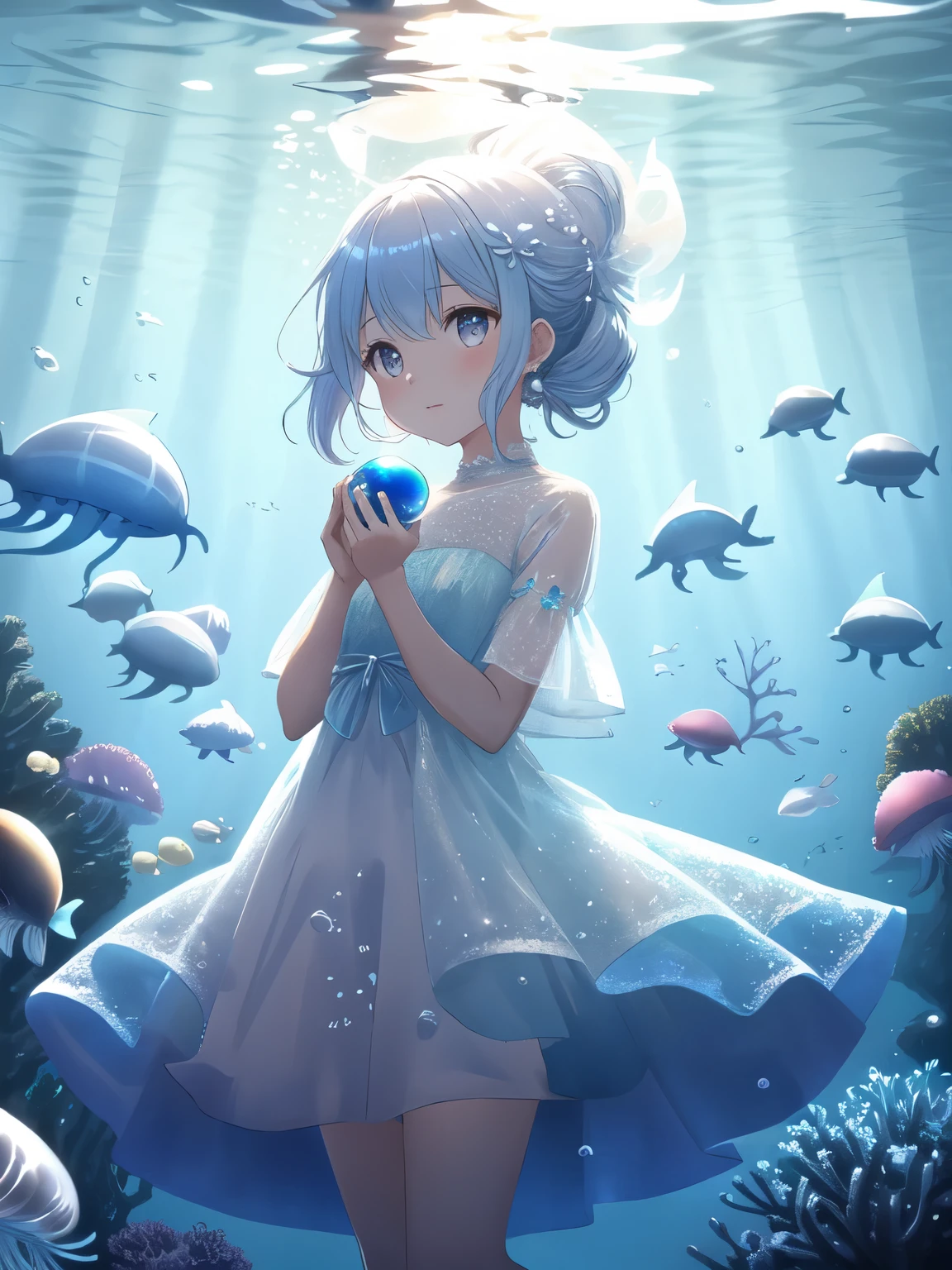 Underwater mysterious world, Magic world, glowing little jellyfish, Small fish, a girl in a transparent dress holds a glowing ball of a pearl in her hands, many small bubbles
