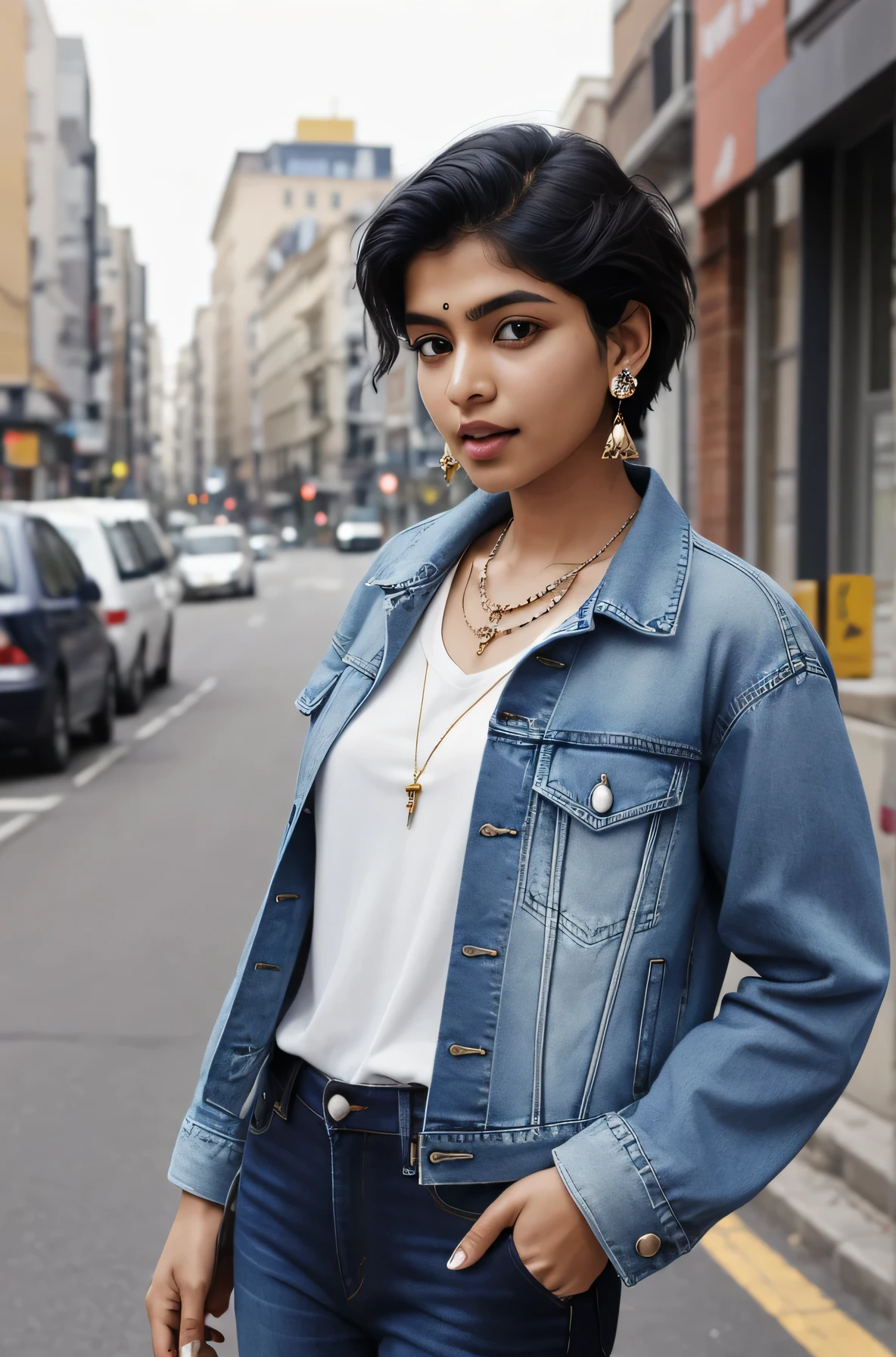 Clean and neat Indian woman、、short hair、、Denim jacket、shirt、Please open your mouth a little、View your viewers, Earrings, necklace, _background,City street work underway
