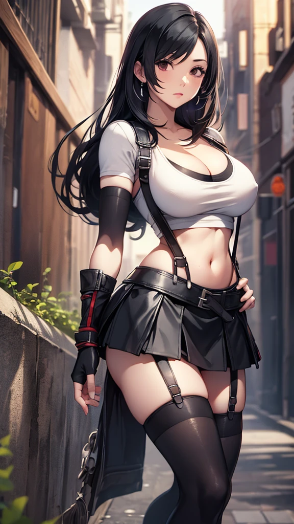 Final Fantasy VII, Tifa , Ankle boots, Black Hair, White tank top、Black Mini Skirt, black Knee socks, Fingerless gloves, Large Breasts, Cleavage、(suspender black skirt), Knee socks, Outdoors、 cowboy shot, Model Pose, Highest quality, masterpiece, High resolution,