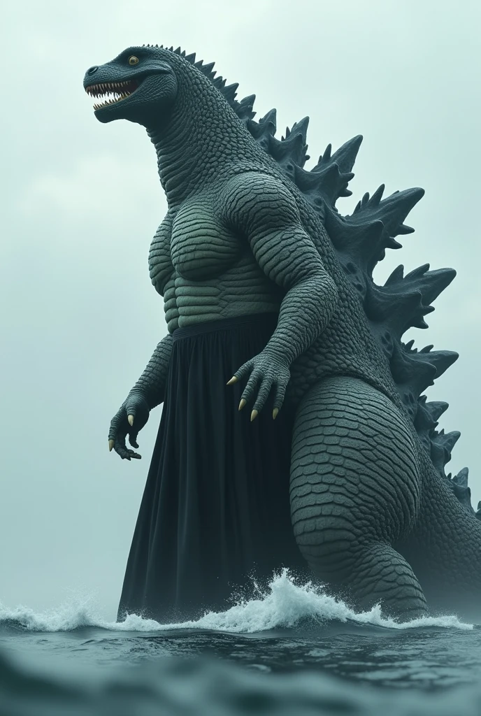 Godzilla wearing skirt while bottom body on water. do a basic black skirt