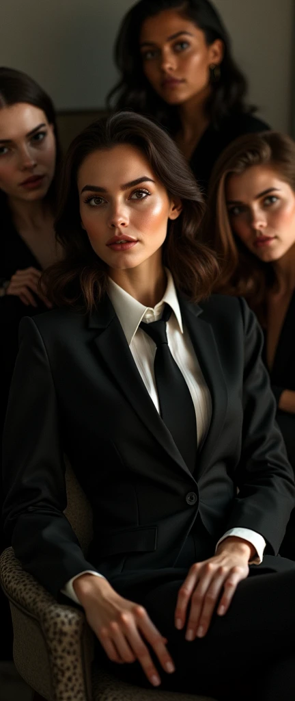 a stylish woman in a suit and tie reclining while laying flat, with multiple girls laying around her their legs visible in the frame, fashion,elegant,glamorous posture (best quality,4k,8k,highres,masterpiece:1.2),ultra-detailed,(realistic,photorealistic,photo-realistic:1.37),HDR,UHD,studio lighting,ultra-fine painting,sharp focus,physically-based rendering,extreme detail description,professional,vivid colors,bokeh,portrait,high fashion,elegant,glamorous,cinematic,dramatic lighting,moody,mysterious,sensual,sophisticated