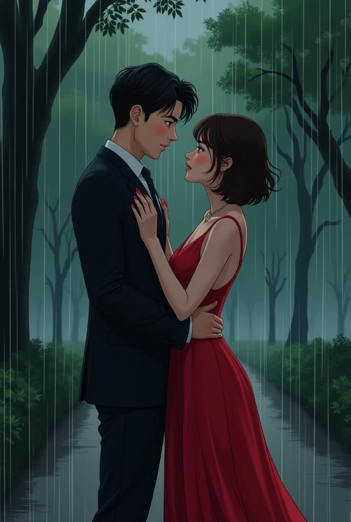 Wattpad illustration a boy with black hair and brown eyes in a black suit holding the waist of a girl with short dark brown hair and brown eyes in a red dress in the background a rainy night park 