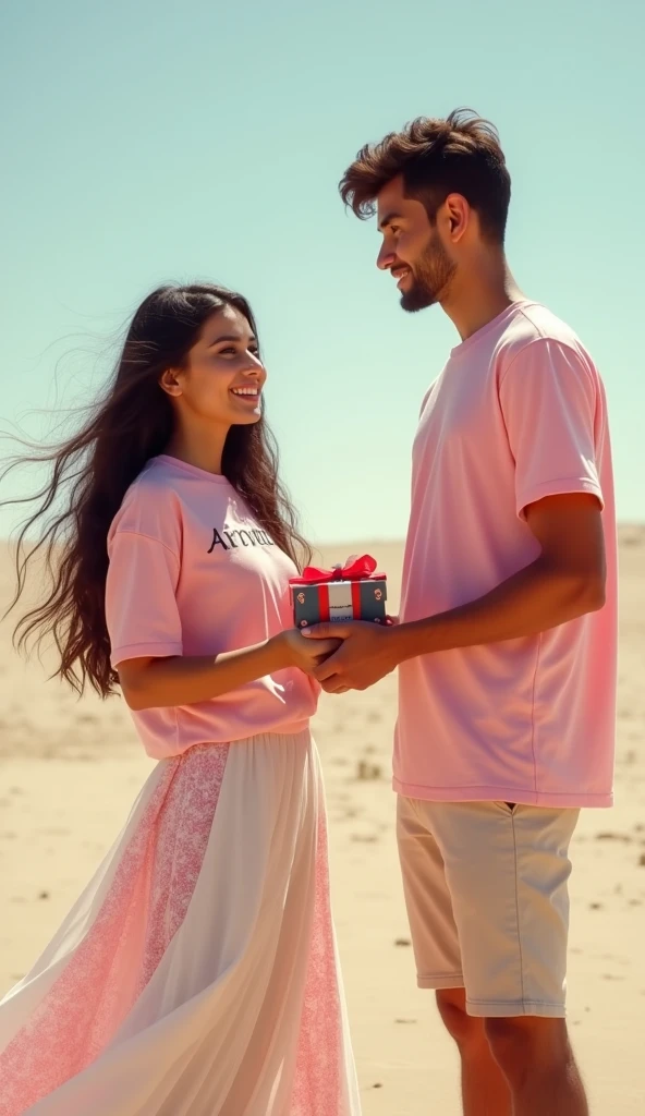 Photo of a beautiful cute girl age around 21 years, facial and body features like North East India, slim with good figure, height around 5feet 5 inch, wearing a pink t shirt written"Arpita" on it. Wearing A beautiful white skirt with pink pattern. She is holding a gift card with a gift , written "Happy Birthday Abhishek". She is Standing in front of a boy 6 feet tall named Abhishek. Abhishek is Fair colored north indian man of age 24. He is handsome. They both are in the space without any space suits.