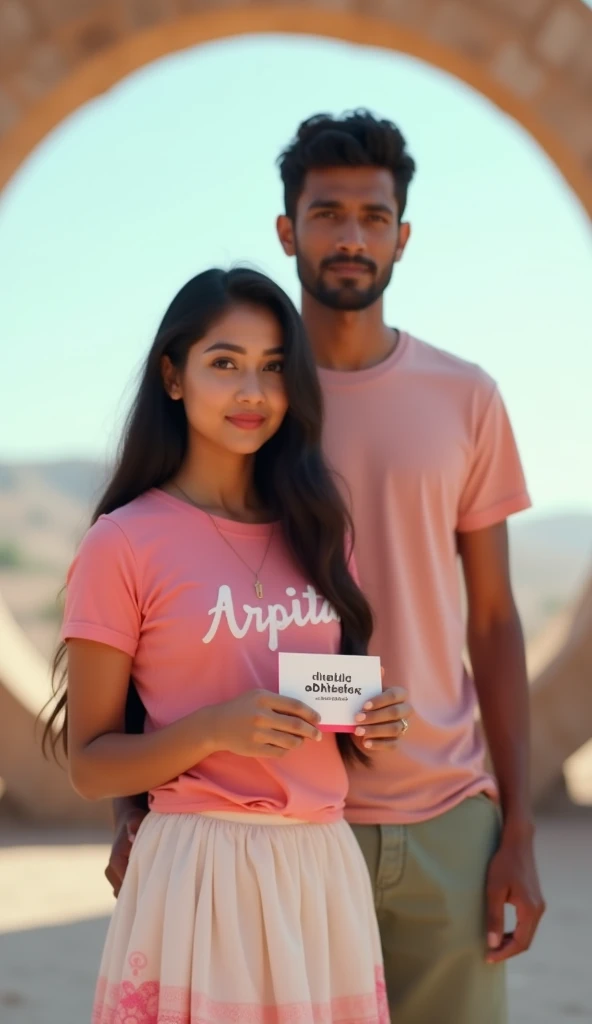 Photo of a beautiful cute girl age around 21 years, facial and body features like North East India, slim with good figure, height around 5feet 5 inch, wearing a pink t shirt written"Arpita" on it. Wearing A beautiful white skirt with pink pattern. She is holding a gift card with a gift , written "Happy Birthday Abhishek". She is Standing in front of a boy 6 feet tall named Abhishek. Abhishek is Fair colored north indian man of age 24. He is handsome. They both are in the space without any space suits.