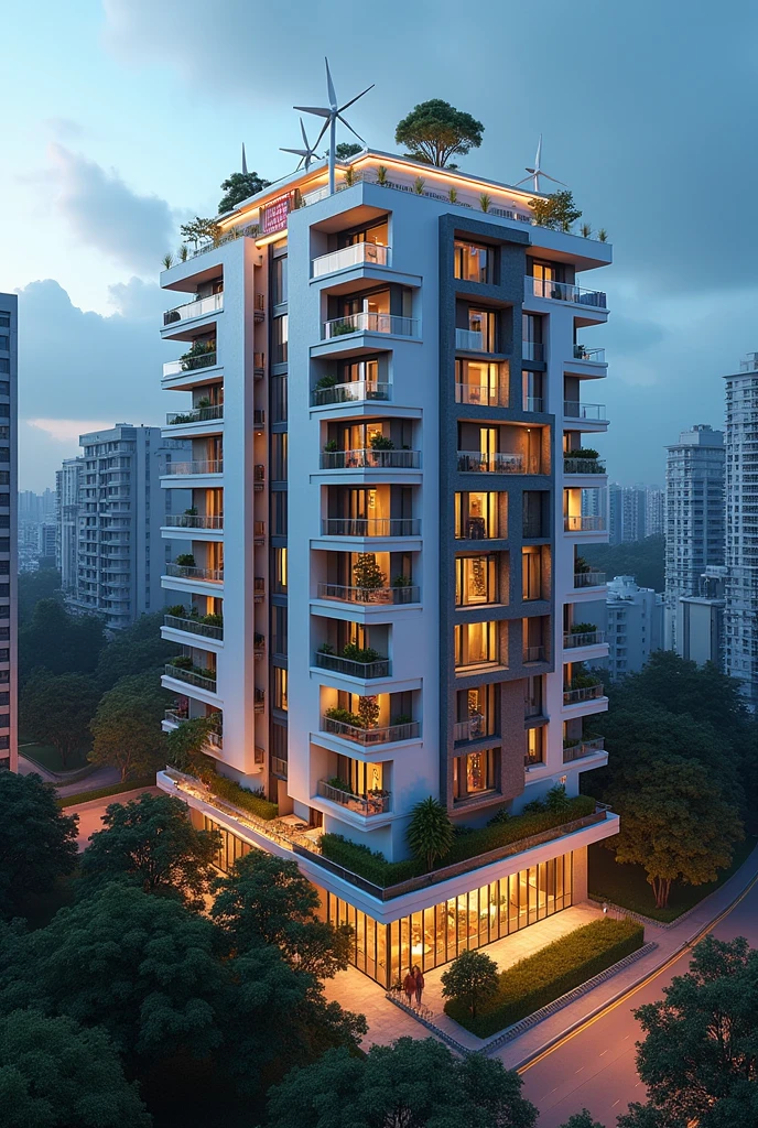 Draw an apartment house with LED lights, solar panel, microwind turbines at the rooftop and rain water induced sytem