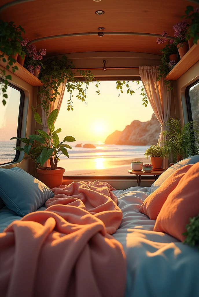 inside a cozy campervan, comfy bed and warm blanket, plants, flowers, decoration, view from the back on quiet beach, sunrise, peaceful, vibrant colors.