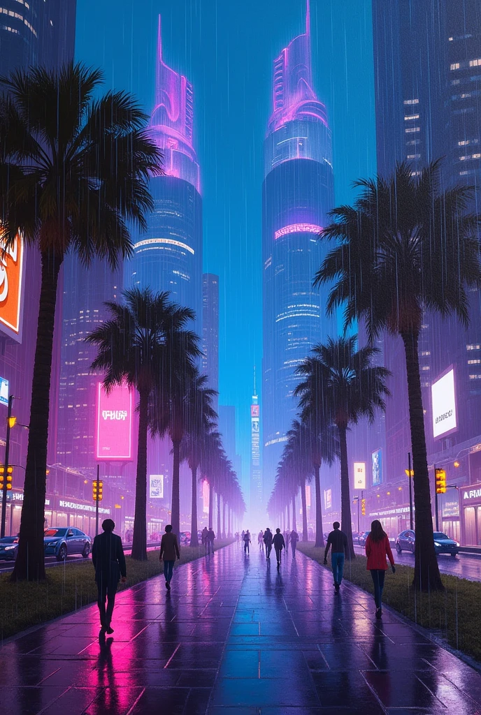 Oil painting of a futuristic street, tall buildings in a distance,bright purple and blue lights, billboards, people walking on footpath, and cars on the street. Night time, raining, very realistic, 5 palm trees in the walk way.