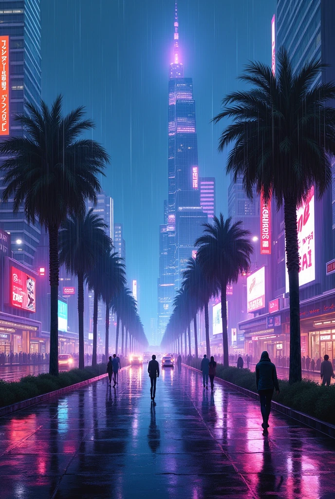 Oil painting of a futuristic street, tall buildings in a distance,bright purple and blue lights, billboards, people walking on footpath, and cars on the street. Night time, raining, very realistic, 5 palm trees in the walk way.