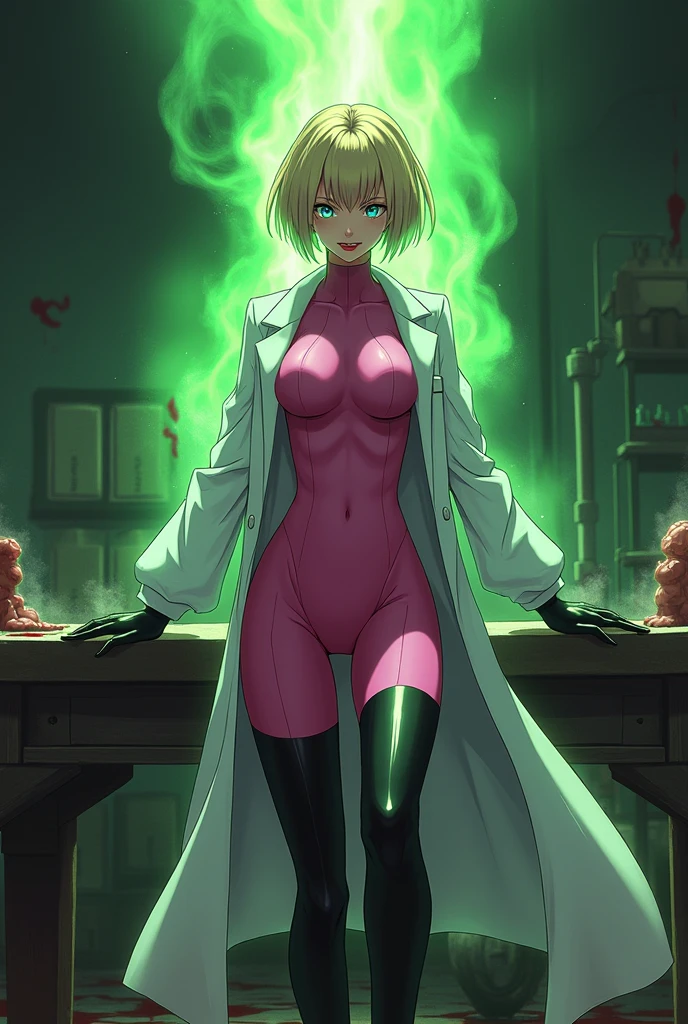 Anime style, Sultry and Beautiful young woman with a soul of pure evil and hatred. Short blonde hair that covers her left eye and blue eyed supervillain dressed in a sleek skintight pink bodysuit, long black gloves and black calf high boots. A long white lab coat over her bodysuit competes the look.  She is posing and emanating green energy. She has a smile crossing her thin red lips. The setting is a laboratory with a captured costumed hero secured to a table and being tortured. Lots of blood.