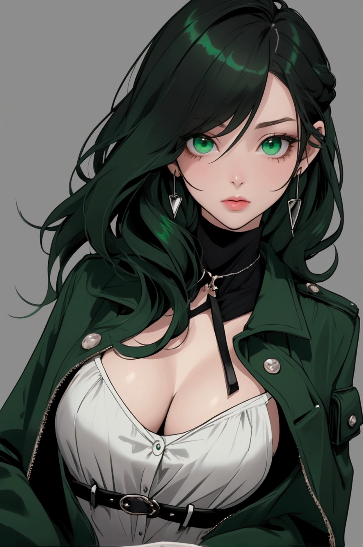 Une fille, , cheveux bouclé couleur noir et vert, yeux vert, style rebelle, blouson en cuir noir