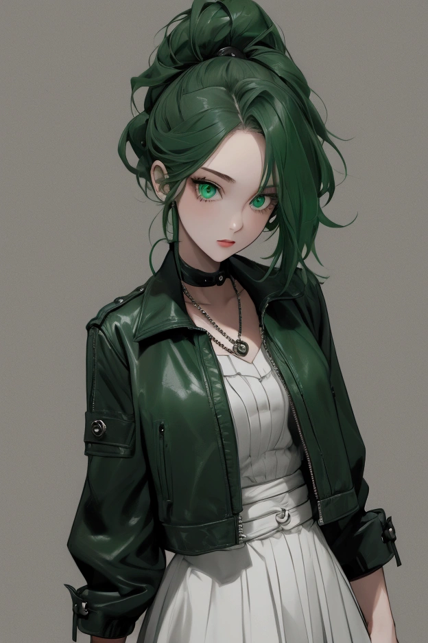 Une fille, , cheveux bouclé couleur noir et vert, yeux vert, style rebelle, blouson en cuir noir