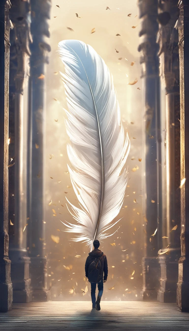 Create a professional, fantastic, cinematic dream-like logo design for a brand about music, stories, fantasy, memories and dreams called " Penamemoria". Masterpiece, 4k, sharp focus, highest quality,wide shot. The title is " Penamemoria". Is a brand about the creative, unique creative mind of a boy and a feather of fantasy, cinematic storytelling. The logo mut convey a sense of poetic stories and compelling storylling. Minimalistic, simple, poetic, compelling logo design at the center of the image. The Background image is a world full of feathers, unique birds, light blue sky, soft white and golden. Logo design of a unique, creative, compelling, captivating, original, fantasy design of a modern, fantasy white feather that represents captivating stories, compelling storytelling and beautiful, original, unique, fantastic imagination.
