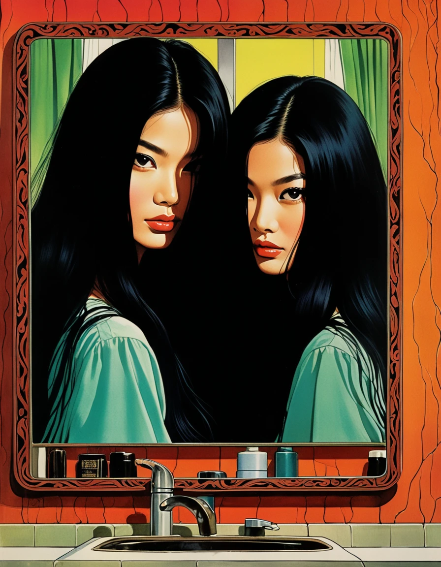 An illustration、art、80s Thai horror movie poster, Woman in the mirror,Long black hair,