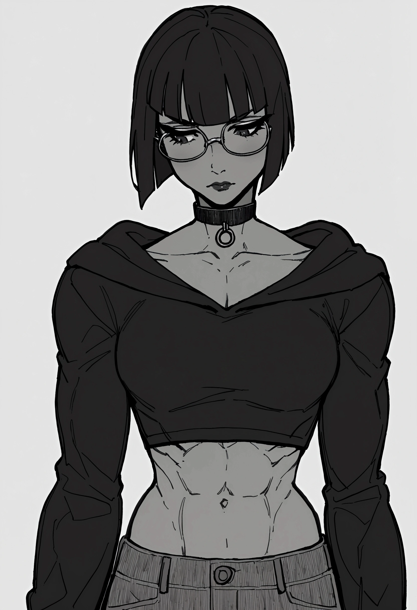 score_9, score_8_up, score_7_up, score_6_up, score_5_up, score_4_up, source_cartoon, rating_safe, Ayaki Blade, 1girl, shy, portrait, looking down, front facing, black hoodie, fluffed collar, exposed midriff, abs, round glasses, black lips, long eyelashes, painted artstyle, black ushanka, shoulder length black hair cut in hime cut, hair tucked into collar,