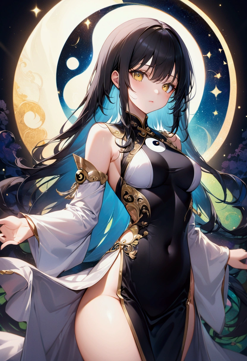 Adult Anime girl with long straight black hair with white highlights, golden eyes,ying yang clothes, detailed body, detailed eyes, masterpiece, best quality, aesthetic, standard pose, 8k, high resolution, ultra-sharp. 