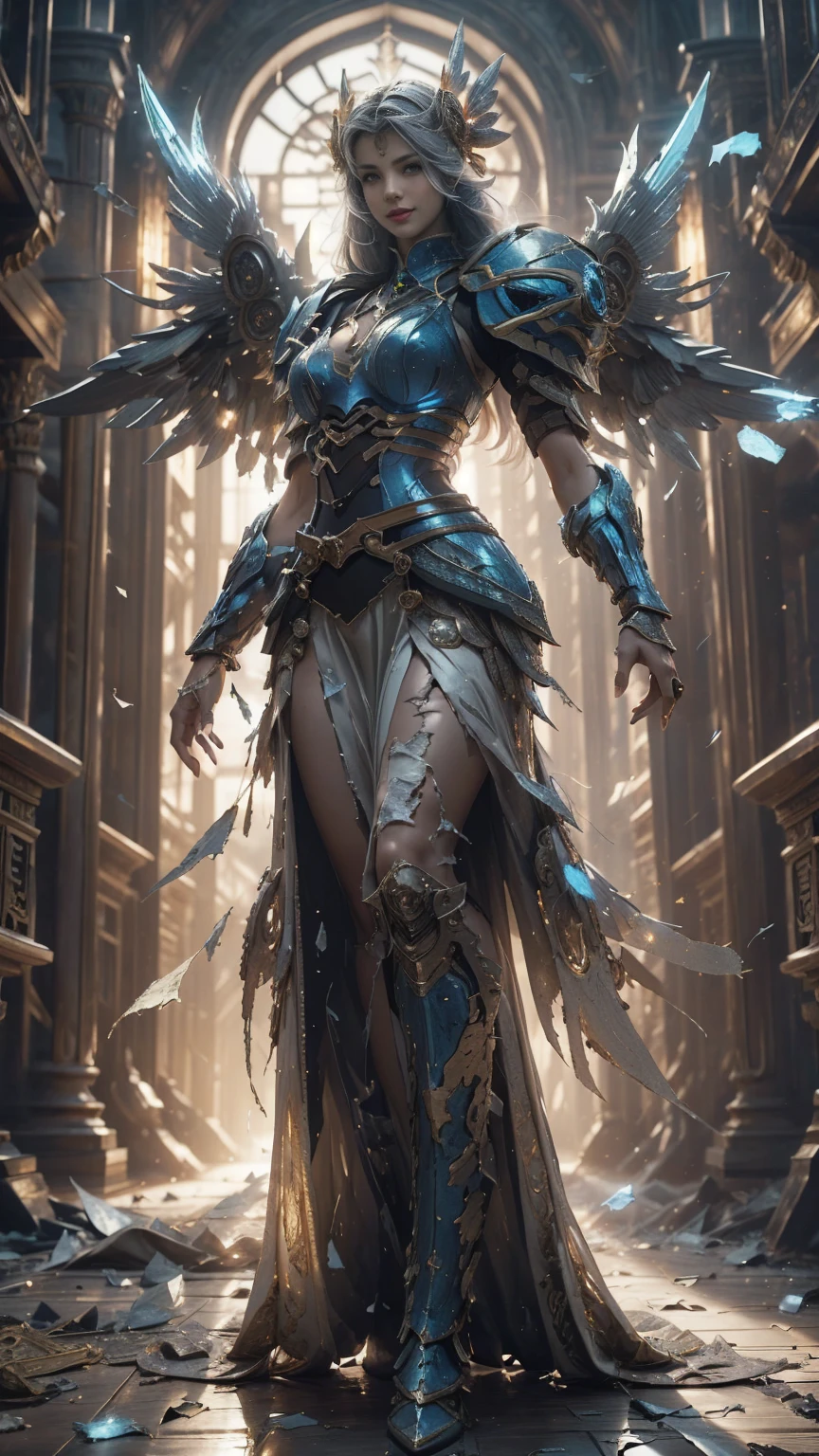 Lenneth from 'Valkyrie profile', blue plate mech4rmor, (damaged armor exposing random skin:1.37), thigh cutout, long skirt,belt,white head ornament,
standing,(holding glowing sowed in triumphant pose), light smile,
plains,castle,
(insanely detailed, masterpiece, best quality),solo, wings, Chinese style