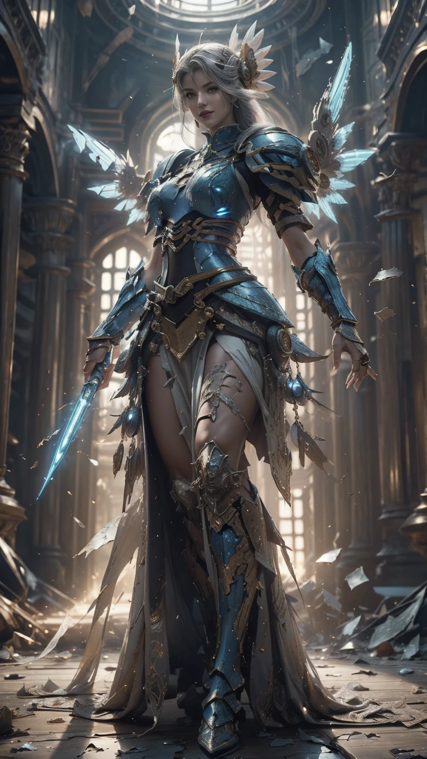 Lenneth from 'Valkyrie profile', blue plate mech4rmor, (damaged armor exposing random skin:1.37), thigh cutout, long skirt,belt,white head ornament,
standing,(holding glowing sowed in triumphant pose), light smile,
plains,castle,
(insanely detailed, masterpiece, best quality),solo, wings, Chinese style