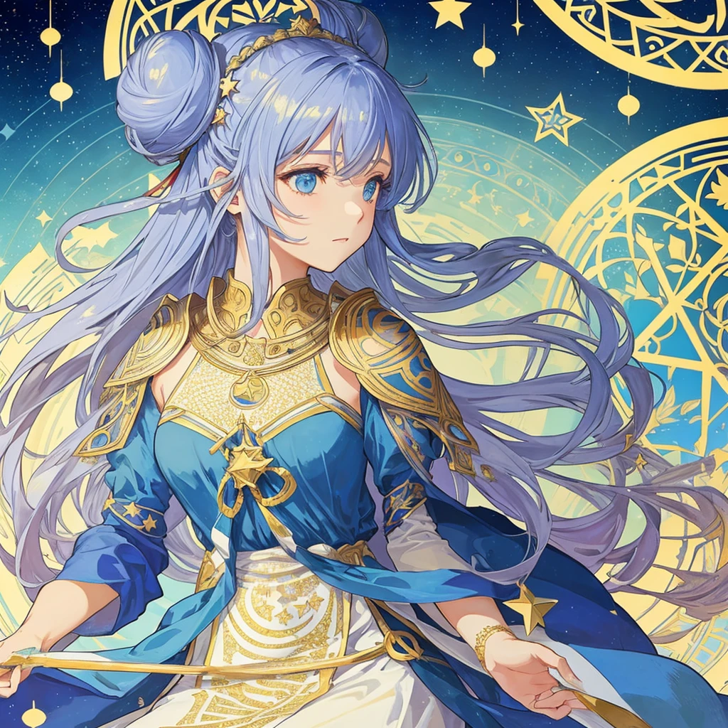 1 girl, (masterpiece, highest quality, highest quality, beautiful and aesthetic: 1.2), (1 girl: 1.3), lots jewelry, delicate arabic style clothing, ((face)), cool face, Traditional Arab blue dress, color hairstyle, Ultra-detailed, Soft Light, Gentle colors, solo, dynamic, (((geometric star patterns in the background))), profile,低めのポニーテール, bun hair, Alphonse Mucha's, タロットカード