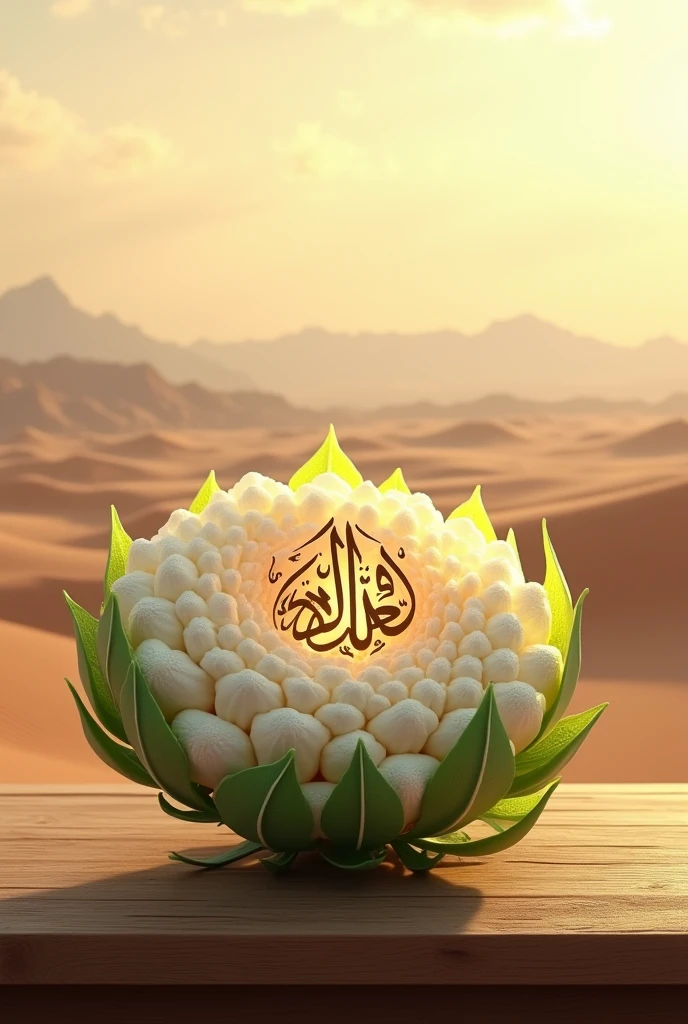 There is a cauliflower flower on a table, Allah is written inside that flower and there is a desert behind it. Make a nice image and show it to us.