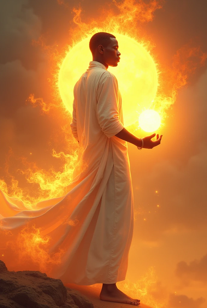 Handsome, 20-year-old African boy holds the sun in his hand. He wears a flowing white tunic which is ablaze with fire