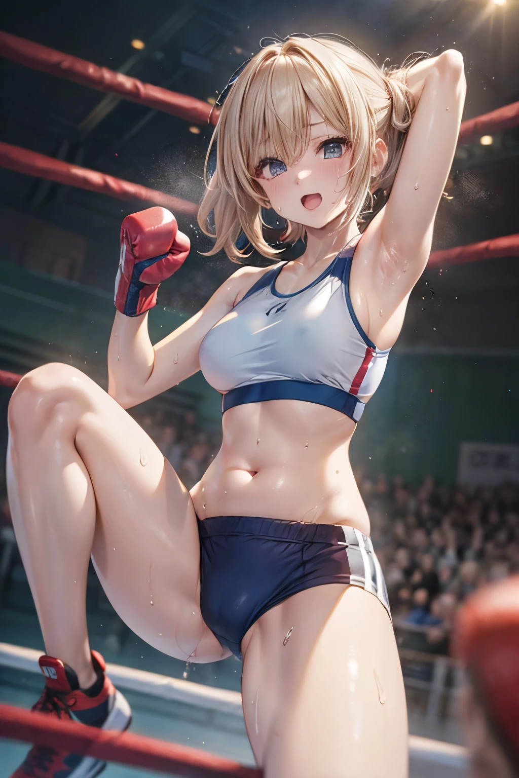 Girl、Sports Bra、boxing、Armpit、High leg、Fighting Pose、Sweaty、steam、belly button、audience、