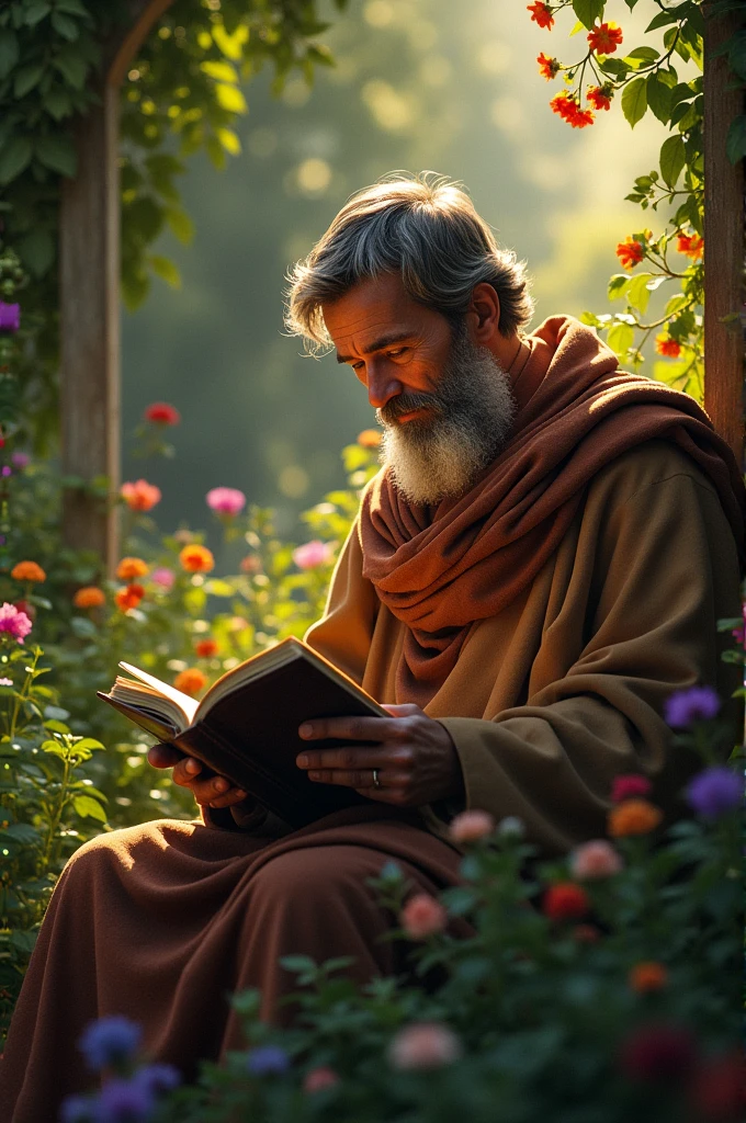 St. Augustine in a garden, with a Bible in his hands and a light illuminating his face.