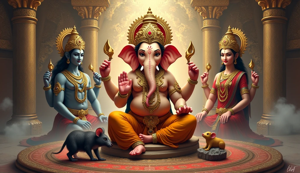 Lord Ganesh, leg near rat, near lord shiva, lord shakti