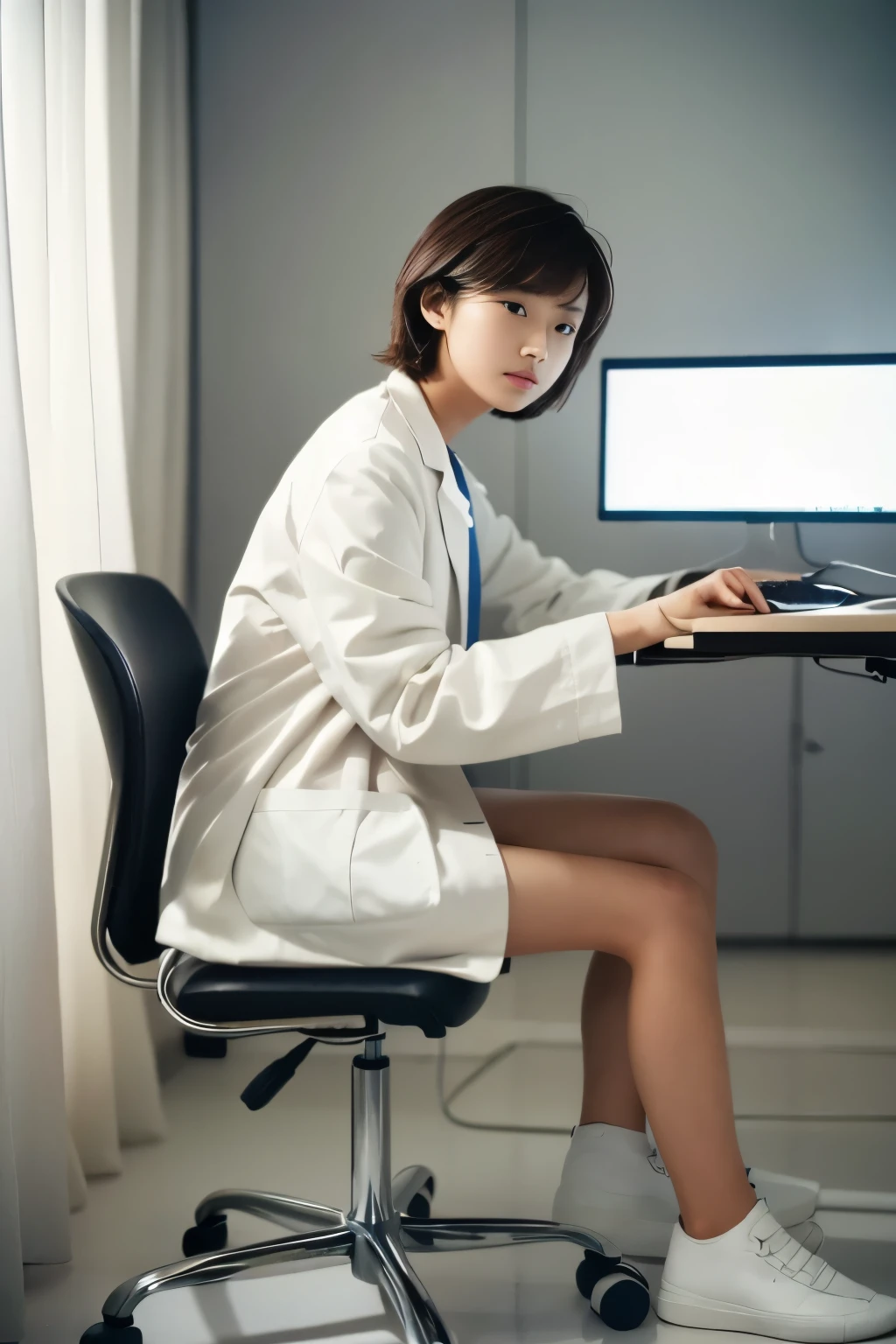 photorealistic, (best quality, 8k, 32k, masterpiece, UHD:1.2), Photo of Pretty Japanese woman, A solo 19yo girl, dressed as a doctor, wearing a white coat. She has short hair and is sitting on a chair in a hospital examination room. There is a computer and monitor on the desk beside her.