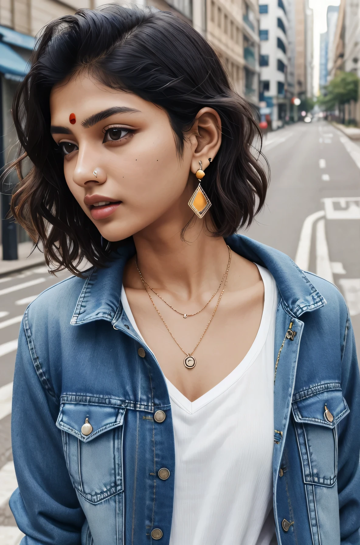 Clean and neat Indian woman、、short hair、Wavy Hair、、Denim jacket、shirt、Please open your mouth a little、View your viewers, Earrings, necklace, _background,City street work underway
