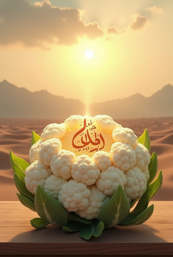 There is a cauliflower flower on a table, Allah is written inside that flower and there is a desert behind it. Make a nice image and show it to us.