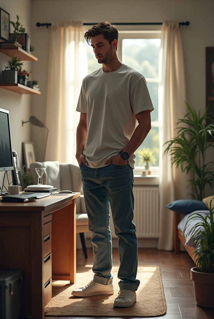 (photorealism:1.2) a man binge watching on bed, a man busy studying, a man soundly sleeping, a man working out in the gym, a man working in office