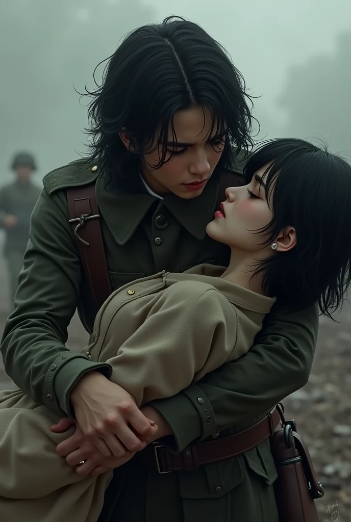 Young woman with jet black hair die in arms of her enemies army beautiful young man soldier