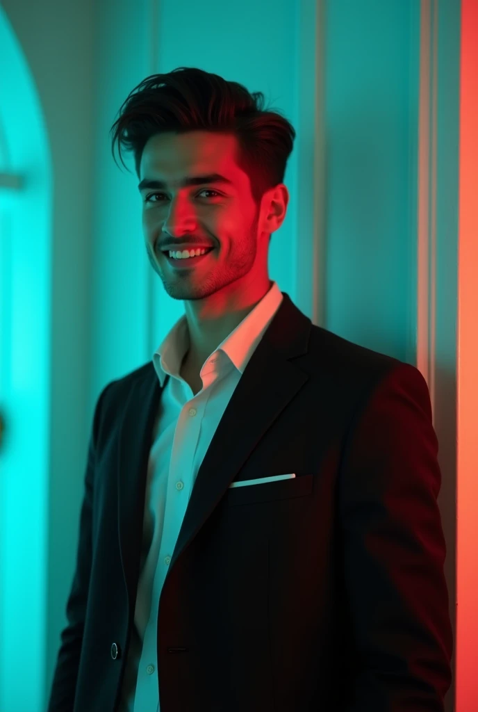 @🔥_𝐉 𝐢 𝐒 𝐚 𝐍_______🍻🚬:A young Man With Dark hair and a confident smile He is Dressed in a black blazer over a white shirt The man is positioned against aqua colour backdrop with a subtle red lighting on t