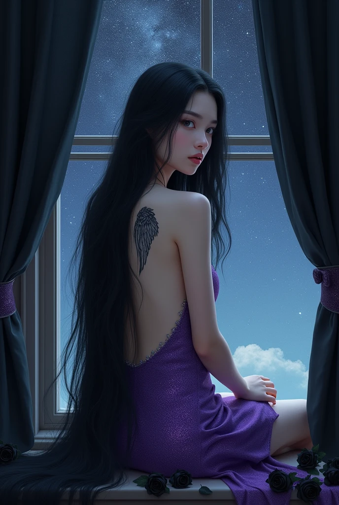 a beautiful girl, wearing a sparkling purple backless dress, with scars of angel wings on her back, sitting on the window, black background, many stars, window curtains, black roses She tilted her face 1/3
