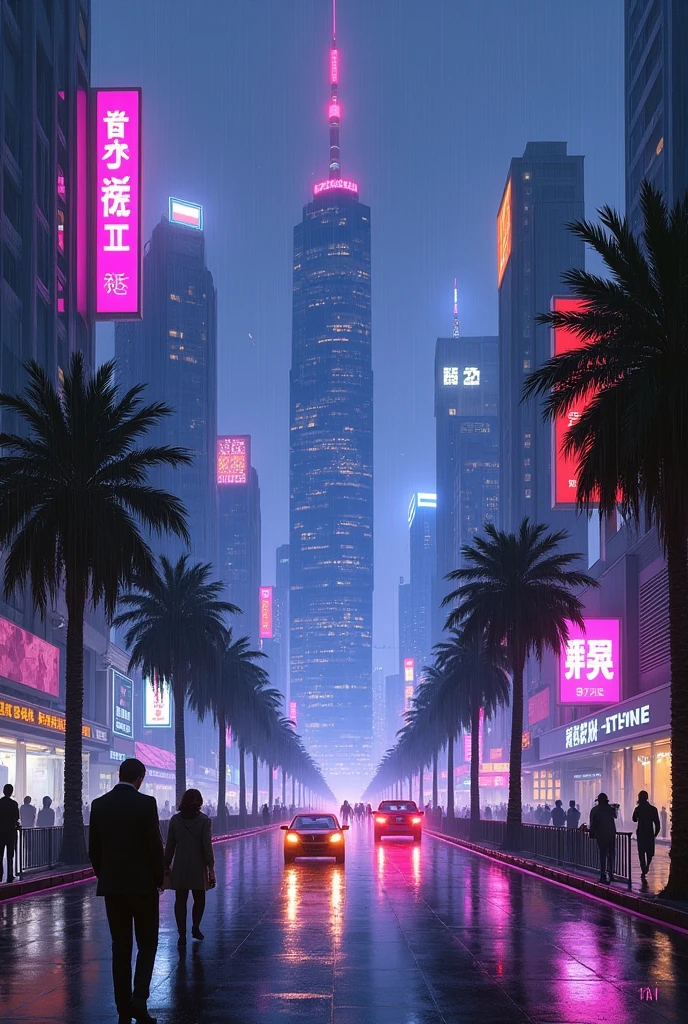 Oil painting of a futuristic street, tall buildings in a distance,bright purple and blue lights, billboards, people walking on footpath, and cars on the street. Night time, raining, very realistic, very less palm trees in the walk way.