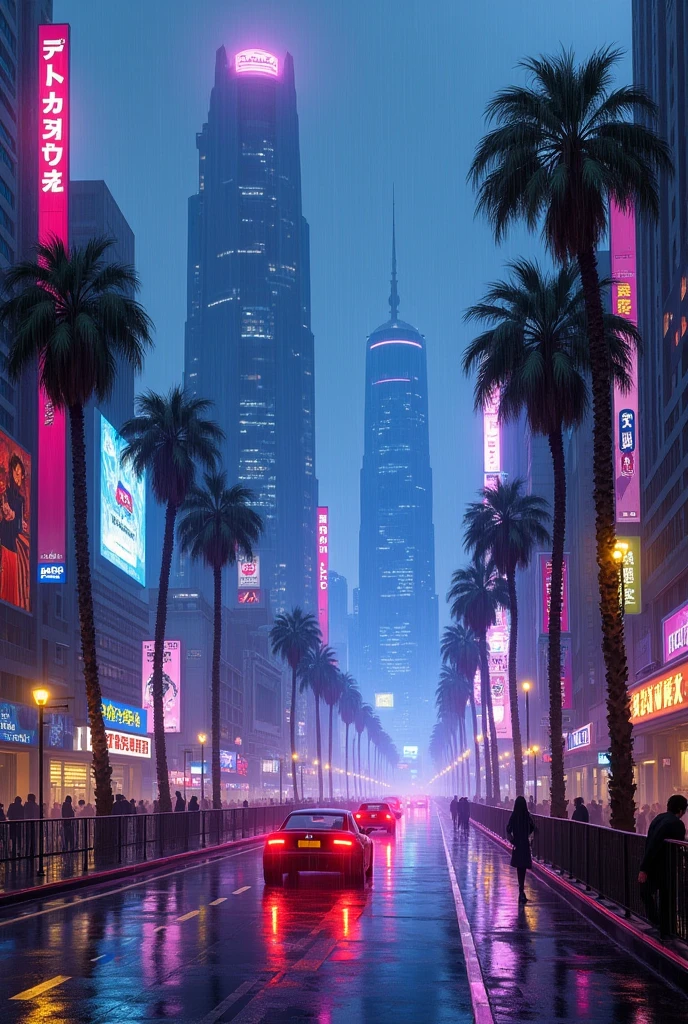 Oil painting of a futuristic street, tall buildings in a distance,bright purple and blue lights, billboards, people walking on footpath, and cars on the street. Night time, raining, very realistic, very less palm trees in the walk way.
