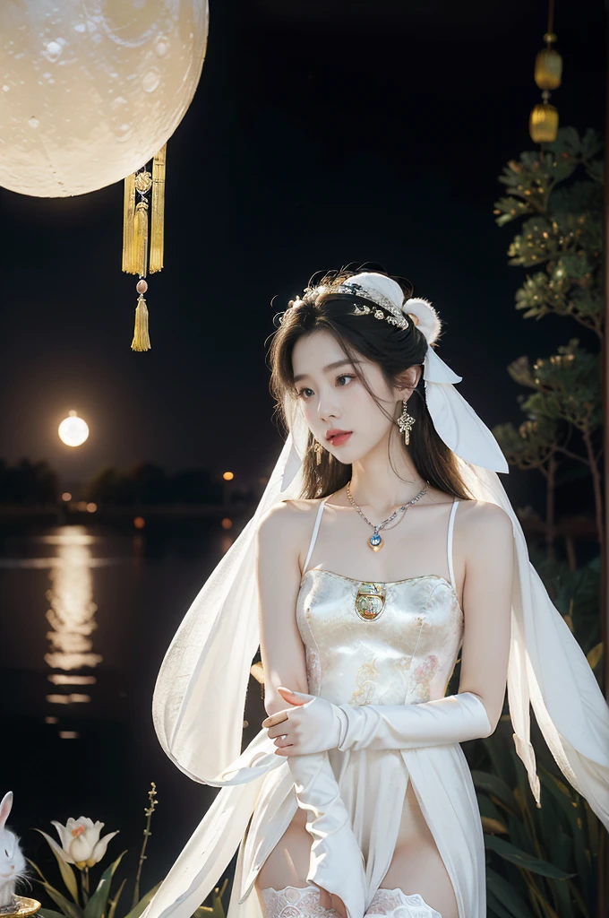 (((best quality))),(((ultra detailed))),(((masterpiece))),illustration,((1 beautiful girl,fairy,Chang'e,solo)),(long straight bob:0.8),((earrings,necklace)),((slim,thin)),((small breasts,flat chest)),(magnificent white Chinese sheer dress:1.3),(stockings:1.3),((moon,Mid-Autumn Festival)),(standing:1.3),(on the moon:1.3),(in luxurious crystal palace:1.3),face bright,exquisite patterns,gold and silver threads,charming,hair accessory,silver hairpin,gemstones,brilliance,luxurious decorations,gold and silver jewelry,transparent windows,crystal balls,gemstone towers,bright moonlight,mysterious and beautiful,enjoy,story of Chang'e,fairyland,(night scene:1.3),((from front,upper body)),(a white rabbit:1.5)
