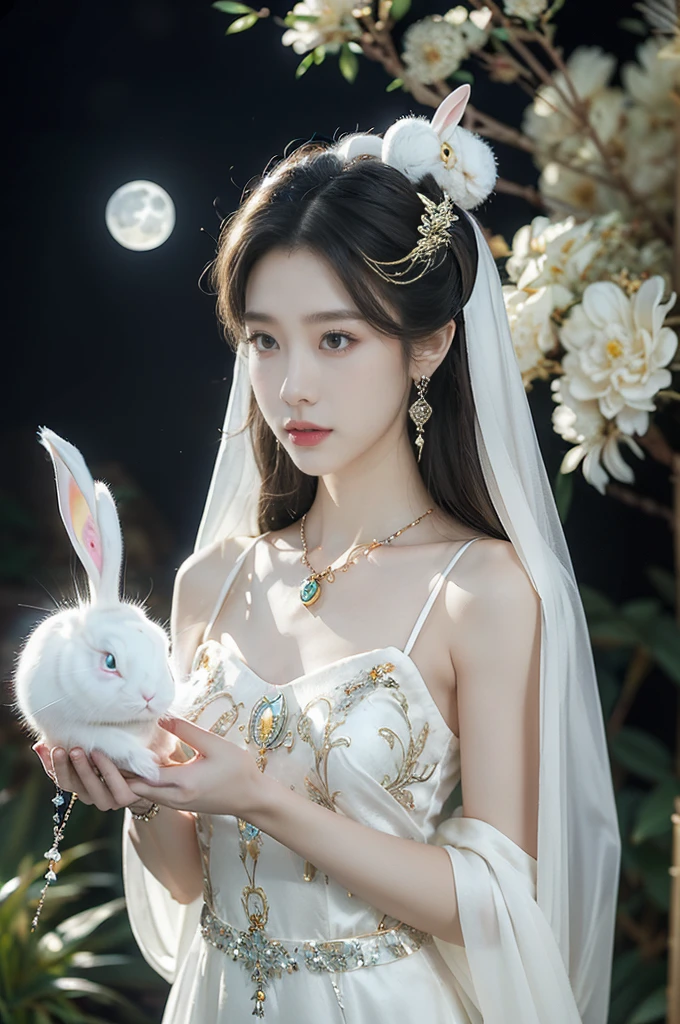 (((best quality))),(((ultra detailed))),(((masterpiece))),illustration,((1 beautiful girl,fairy,Chang'e,solo)),(long straight bob:0.8),((earrings,necklace)),((slim,thin)),((small breasts,flat chest)),(magnificent white Chinese sheer dress:1.3),(stockings:1.3),((moon,Mid-Autumn Festival)),(standing:1.3),(on the moon:1.3),(in luxurious crystal palace:1.3),face bright,exquisite patterns,gold and silver threads,charming,hair accessory,silver hairpin,gemstones,brilliance,luxurious decorations,gold and silver jewelry,transparent windows,crystal balls,gemstone towers,bright moonlight,mysterious and beautiful,enjoy,story of Chang'e,fairyland,(night scene:1.3),((from front,upper body)),(a white rabbit:1.5)