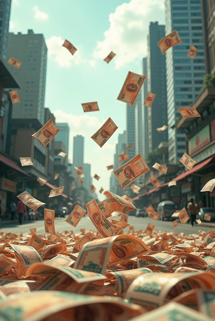 2.1 thousand  taka notes of Bangladesh are dancing on the city of Bangladesh and More notes are flying above their heads like birds