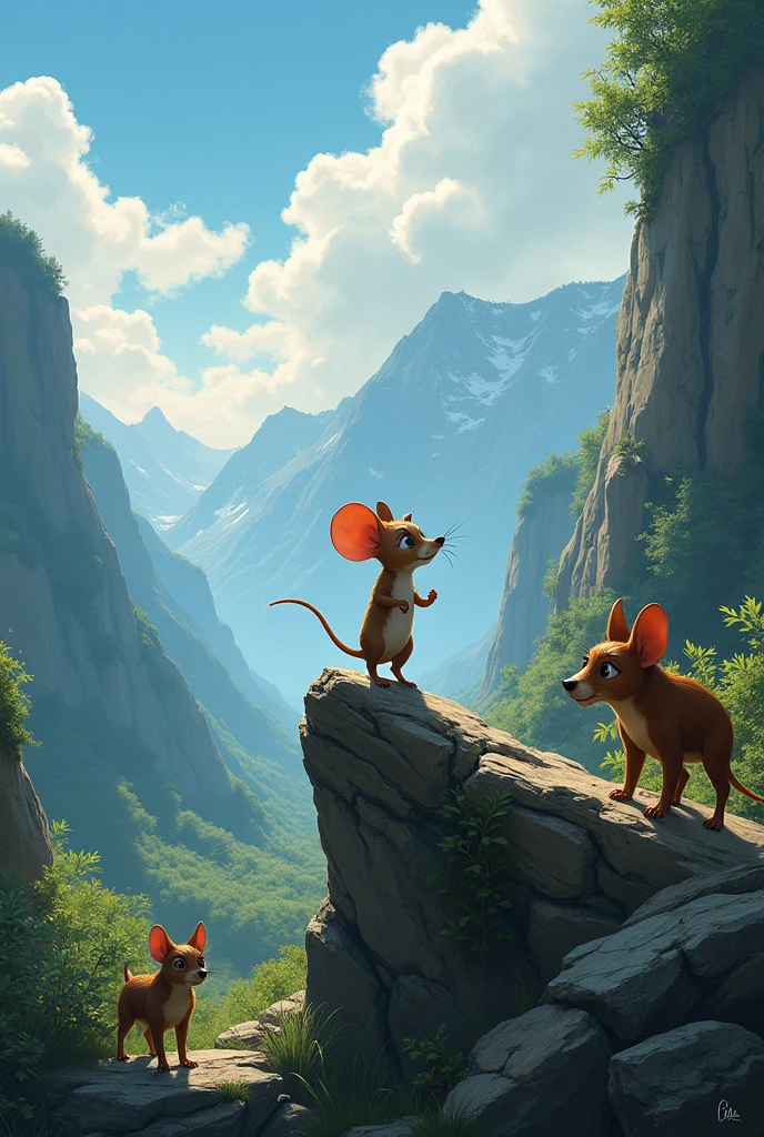 A dramatic, full-page illustration of Little Mouse standing
on the rock, his small size contrasting with the intensity of his expression as he
addresses the larger animals for a children's book