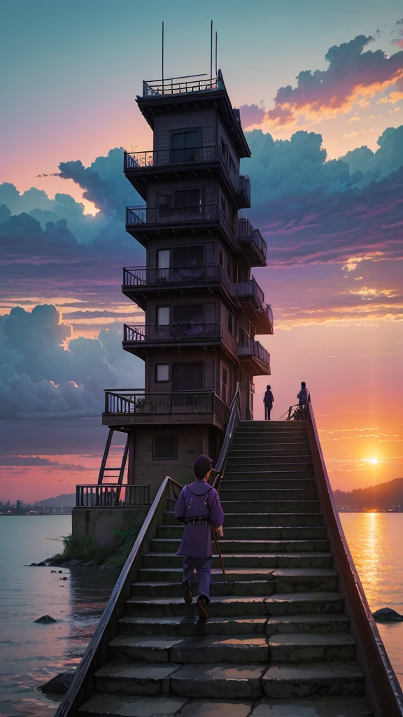 and souls、Skyscape with clouds、Purple sunset sky、Deities々Shikai、stair、You can see the touch of the brush、no human figures、Studio 吉卜力、吉卜力、landscape、Stil、The light sparkles、skyline