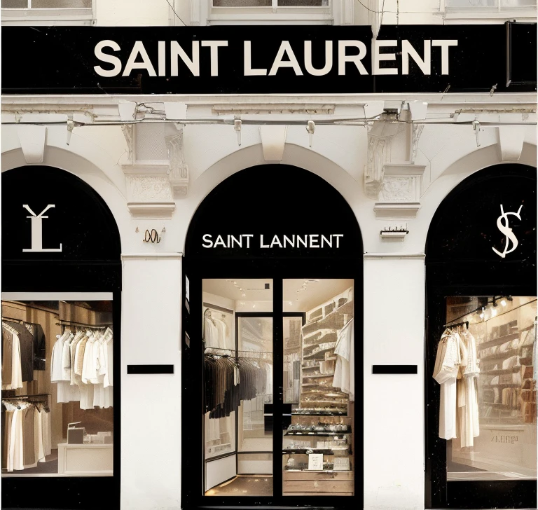 An image of a storefront with a window display of clothes, storefront, shop front, with text logo "Saint Laurel" 