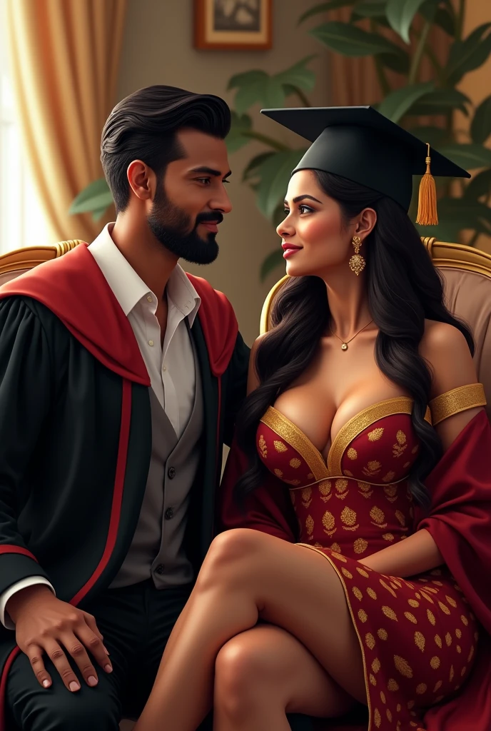  Wearing full body  Academic regalia  wealthy sri lankan average beautiful girl(big large size breasts and butt) sit in chair and sri lankan wealthy age 35  man (software,electrical,garments companies owner)