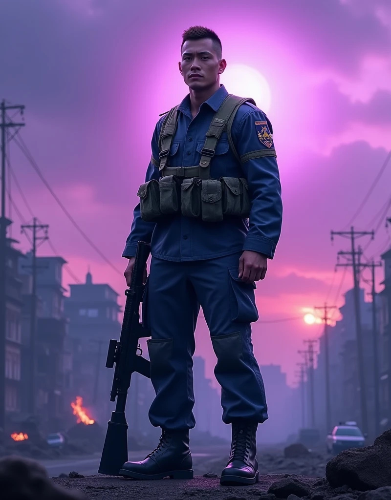 Brutal, handsome Thai male soldier crew cut brown hair, wearing dark blue fatigue uniform and black boots, rifle, standing in front of purple war zone, blue sky in the morning, purple atmosphere