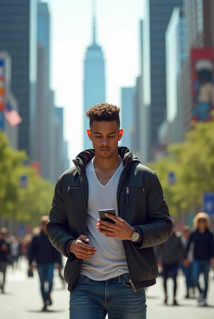 A young man Style look in day City on i phone
