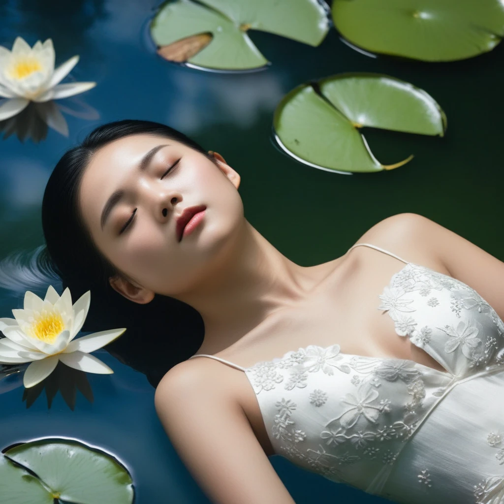 Hyperrealistic art of (Sharp Detailed Image)
view from above of a young beautiful Chinese woman floating gracefully in a dark, tranquil pond filled with lily pads and delicate white flowers. The woman, dressed in an simple traditional white Chinese dress, her sad eyes closed, evoking a sense of sadness and stillness. Her dark black hair fans out slightly in the water, blending with the shadowy, greenish hues of the pond. night, moon light, sad scene