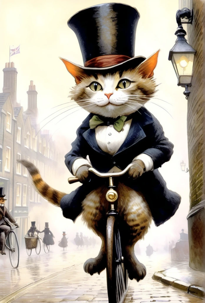 In the early morning fog、Riding a Penny-Farthing Bike along the cobbled streets of London、Victorian British cats, Wearing a top hat. Jean-Baptiste Monge style.