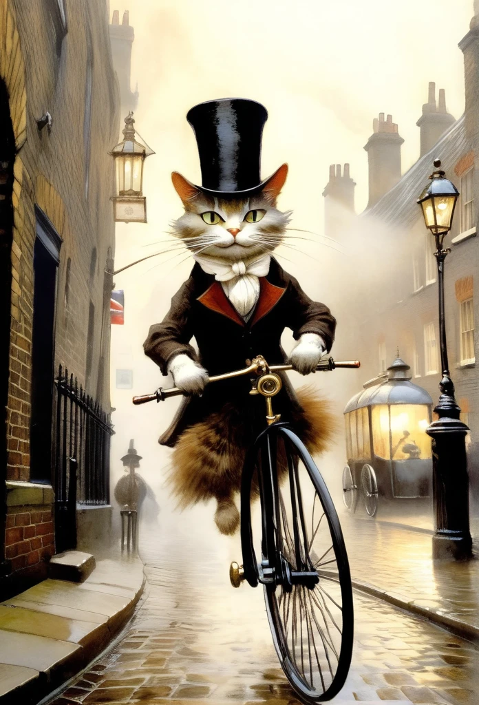 In the early morning fog、Riding a Penny-Farthing Bike along the cobbled streets of London、Victorian British cats, Wearing a top hat. Jean-Baptiste Monge style.