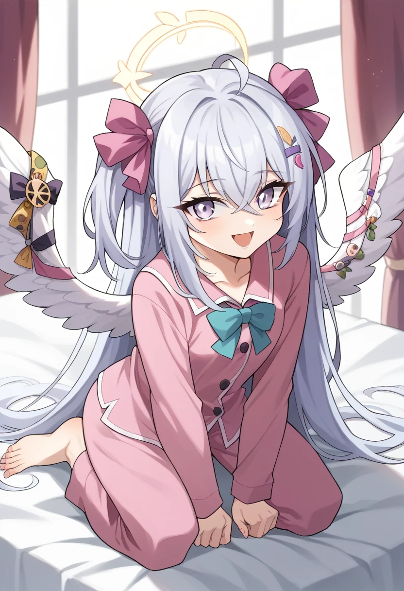 azusa \(blue archive\), 1girl alternate_costume angel_wings barefoot black_pajamas blanket crossed_bangs feathered_wings feet halo kneeling long_hair on_bed open_mouth pajamas purple_eyes sidelocks smile solo toes under_covers very_long_hair white_hair wings